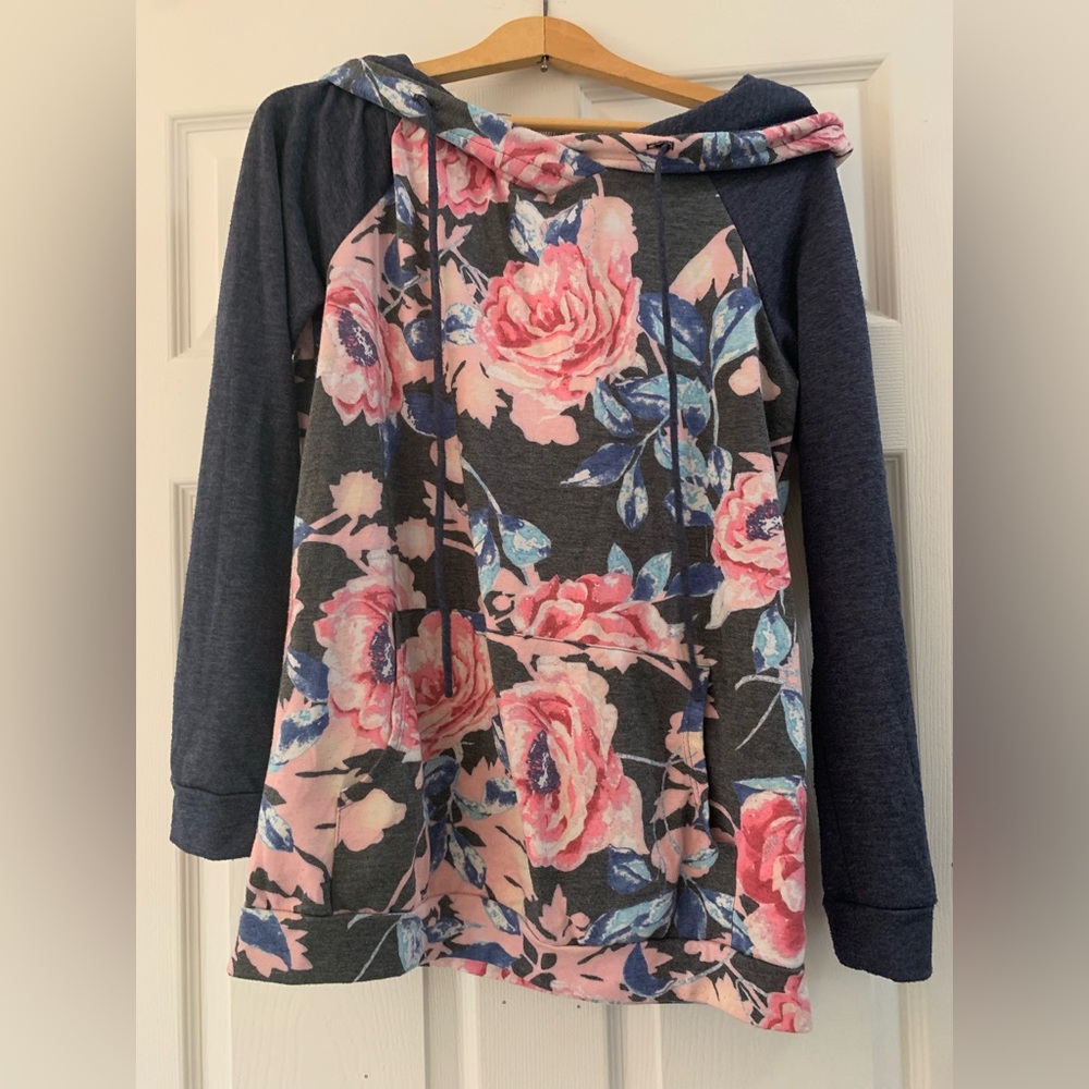 12 Pm By Mon Ami Floral Hoodie with Pink and Blue Accents size large